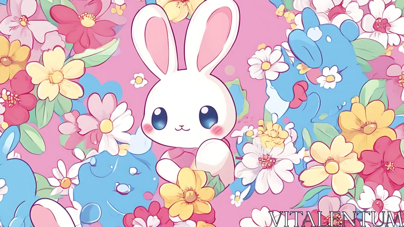 Pastel bunny peeks from floral meadow in dreamy kawaii style