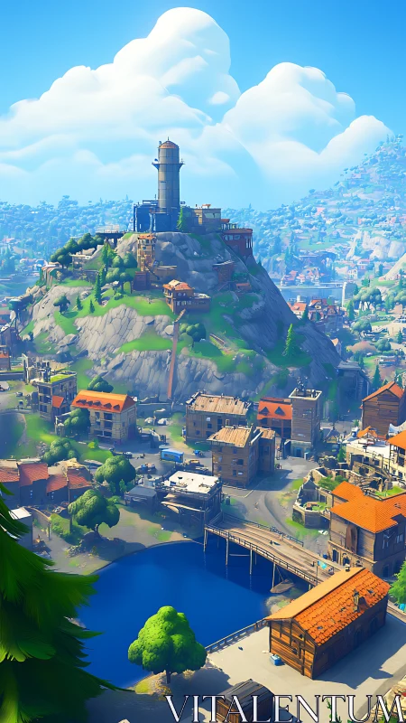 Isometric 3D Rendered Coastal Fortress Town with Lighthouse Tower Elevation