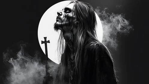 Monochrome occult portrait with crucifix and halo backlight.