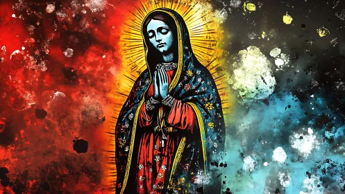 Praying Madonna icon over splattered abstract color field.