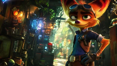 Confident fox explorer smiles in a glowing cyber alleyway