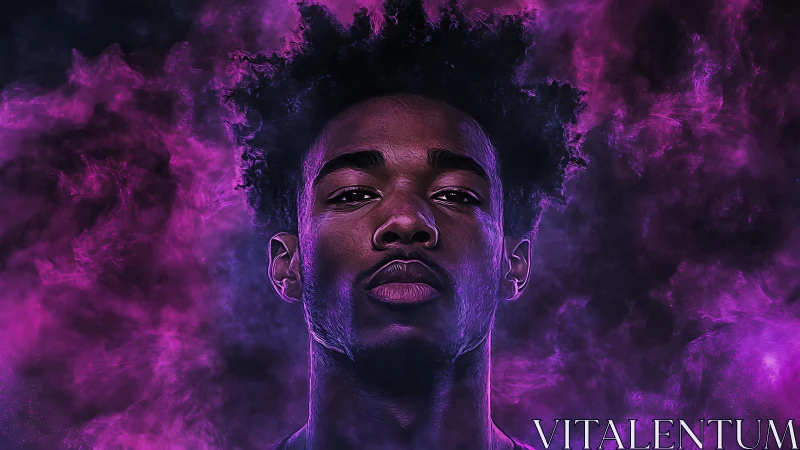 Electric neon portrait radiates quiet strength in violet haze