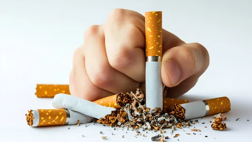Hand crushes scattered cigarettes in decisive anti-smoking act.