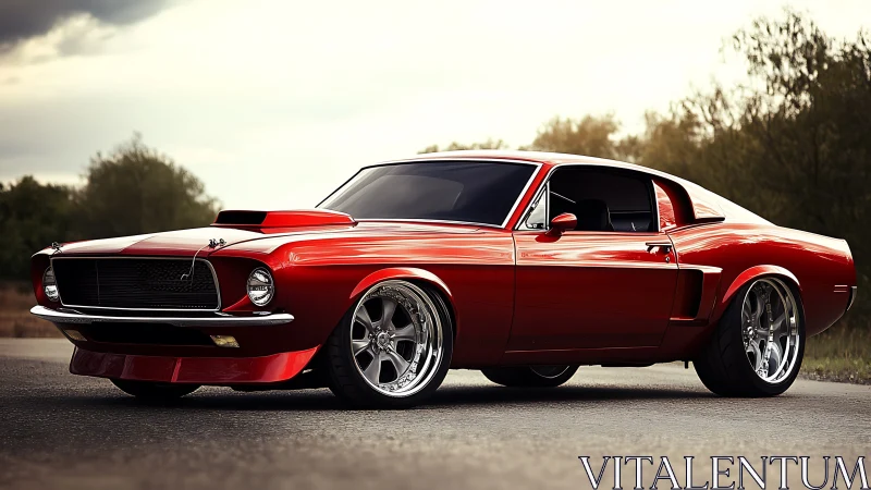 Red classic muscle car parked on open rural roadway.