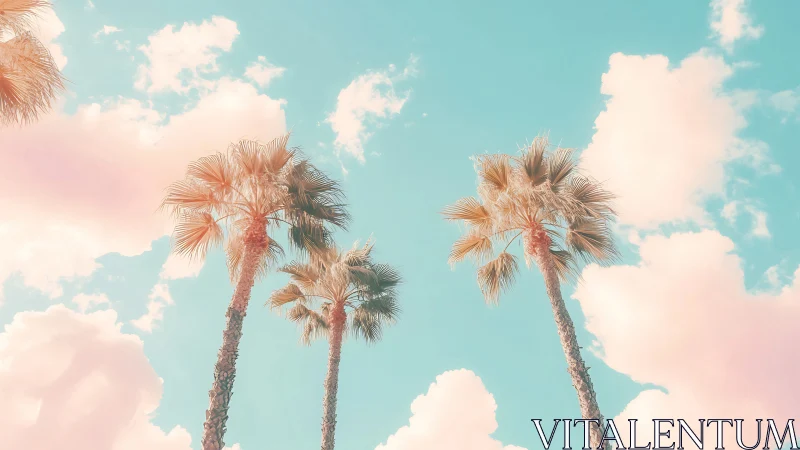 Pastel palm trees under soft cyan sky with peach clouds.