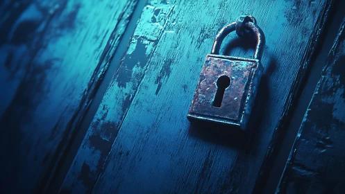 Rusty padlock hangs on distressed blue wooden door surface