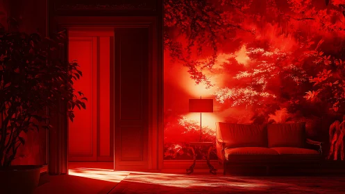Monochromatic red interior lounge with sofa, lamp and mural