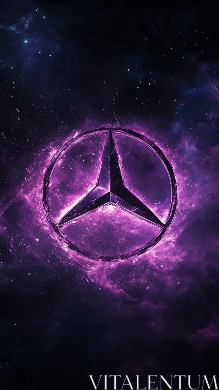 Mercedes logo in glowing purple cosmic nebula background.