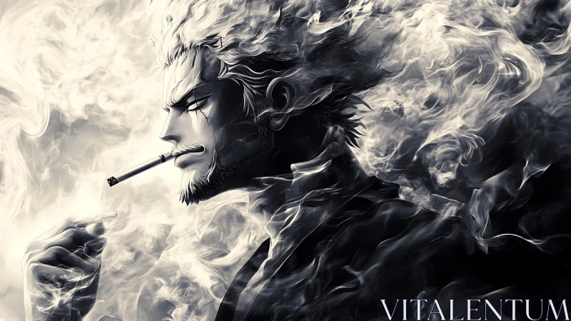 Smoldering anime antihero exhales swirling spectral smoke.