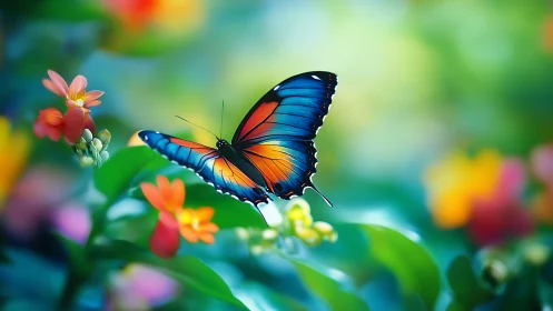 Blue orange butterfly on flowers in bright garden scene.