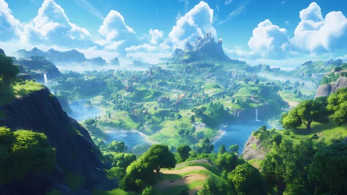 Sunlit fantasy valley stretches toward a cloud-crowned citadel