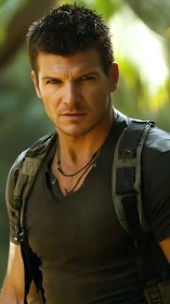 Rugged adventurer stares ahead in sunlit jungle setting.
