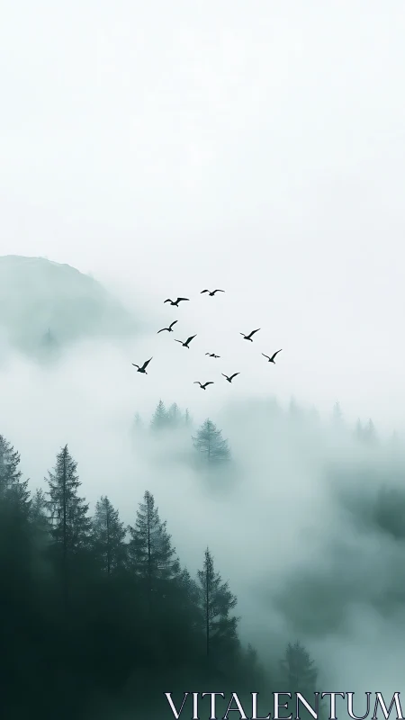 Mist-drifted pines and sky-borne birds in quiet migration.