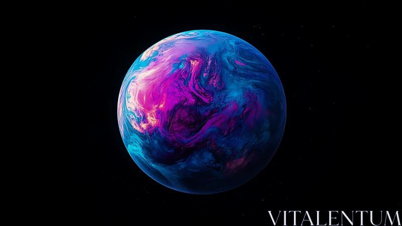 Vibrant neon planet floats in deep black cosmic void