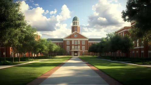 Red brick academic building framed by trees and lawns