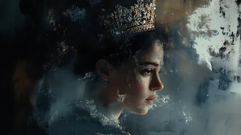 Side-lit crowned portrait merges realism with textured abstraction
