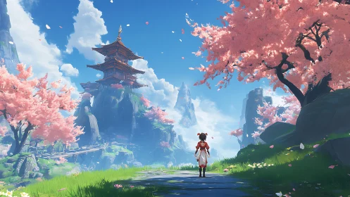 Aerial pagoda vista with sakura-clad cliffs in wide perspective.