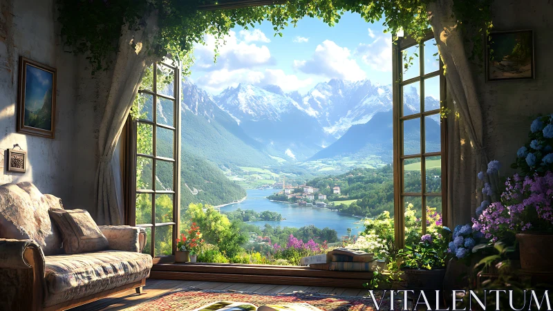 Sunlit lakeside window pouring daydreams over the Alps.