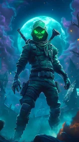 Hooded armed figure stands before full moon in stylized scene