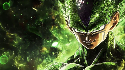 Green armored humanoid figure in cosmic abstract environment.