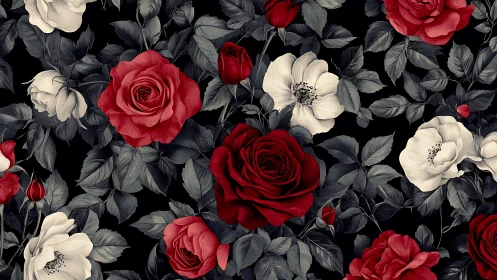 Botanical Illustration with Red Roses and White Anemones on Black Background