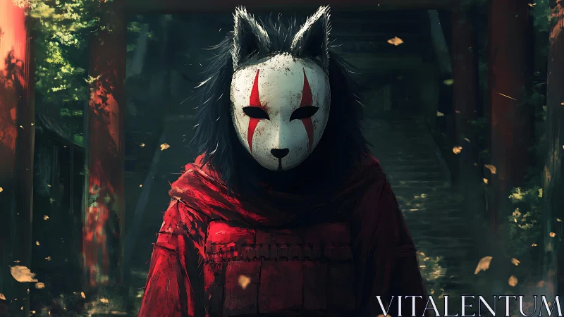 Fox mask wanderer in crimson cloak beneath shrine gate.