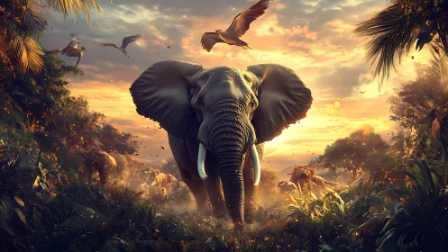 Elephant herd in dense tropical landscape at sunset light.