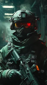 Cyber-tactical soldier portrait renders spec-ops armor in neon haze