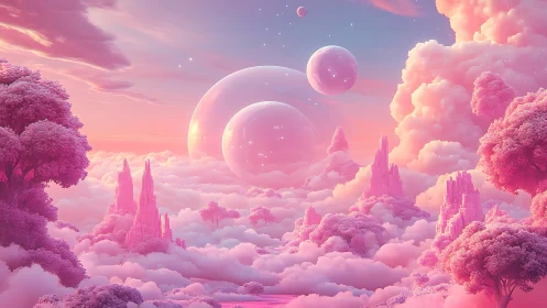 Dreamy pink cloud kingdom under glowing crystal moons.