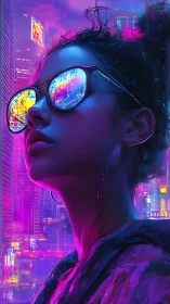 Neon-lit cyberpunk portrait renders reflective city gaze