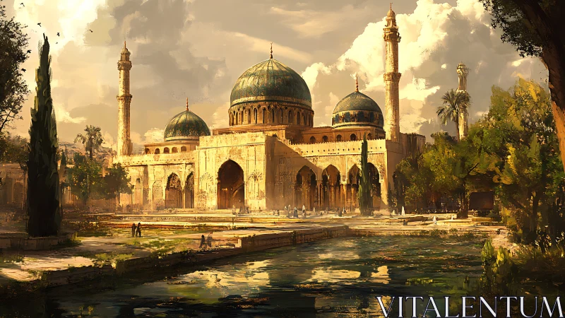 Golden courtyard beside tranquil domed riverside mosque.