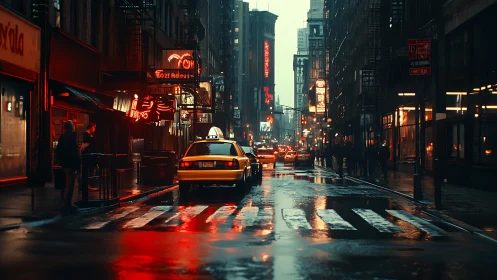 Rain-soaked neon street with taxi, strong contrast and reflections