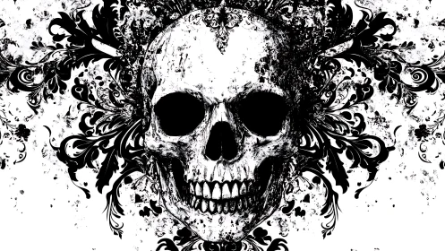 High-contrast skull portrait merges grunge splatter and baroque flourals