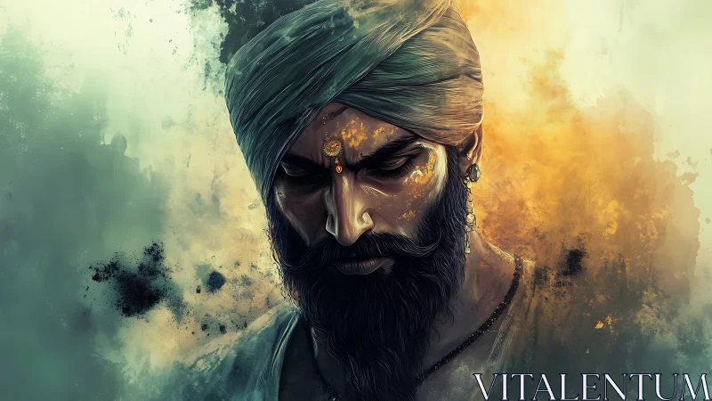 Turbaned warrior lowers gaze in molten golden haze.