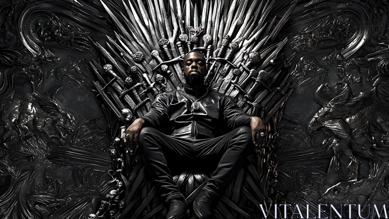 Seated figure on dark sword throne in ornate metallic setting.