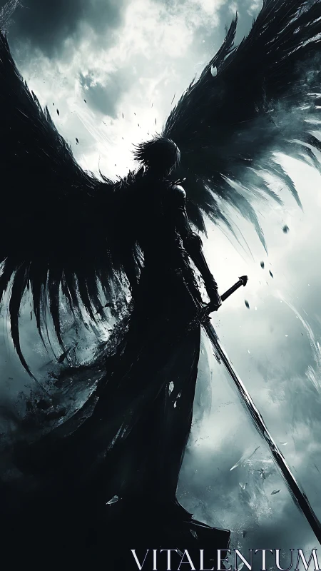 Dark winged guardian standing strong in a stormy sky.