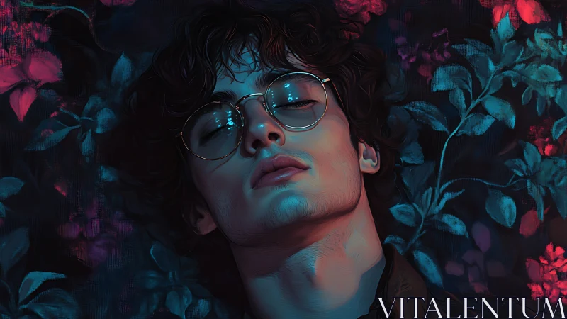 Dreamy night portrait of a young man among glowing roses.