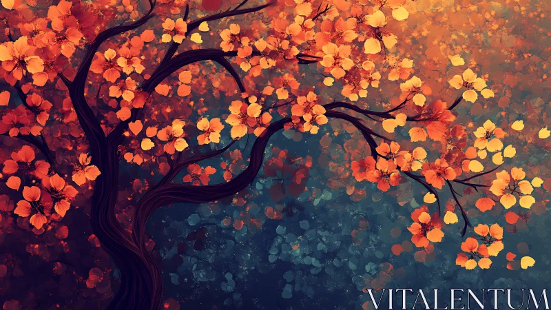 Autumn blossom tree swirling through dusk-touched twilight sky.