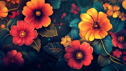 Luminous tropical blossoms glow against deep teal foliage.