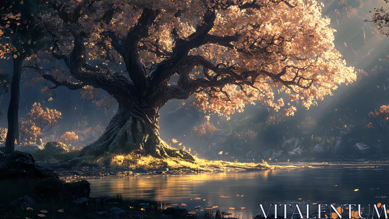 Ancient gnarled tree with luminous foliage beside still lake