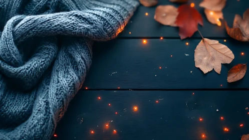 Wool Knit Textile on Dark Wood Surface with Autumn Leaves and Warm Bokeh