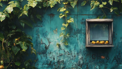 Vines, turquoise metal and quiet window fruit altar at dusk.