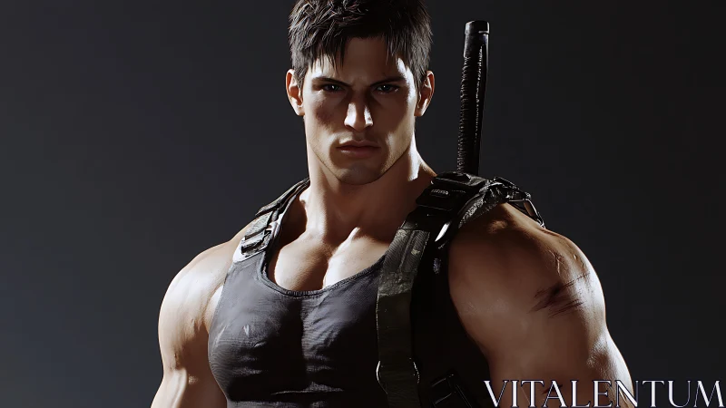 3D tactical portrait of muscular soldier under hard key light.