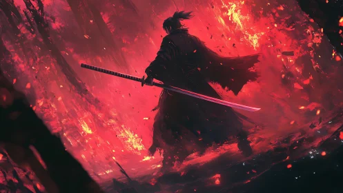 Lone emberblade samurai striding through a roaring crimson storm.