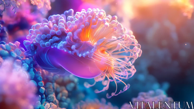 Luminous jelly bloom drifts through neon coral dreamscape.