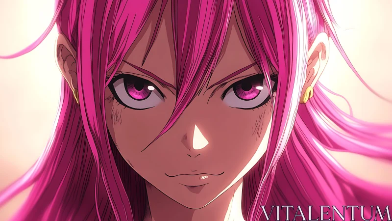 Pink haired anime warrior holds unwavering direct gaze