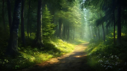 Forest pathway with sunlight filtering through canopy