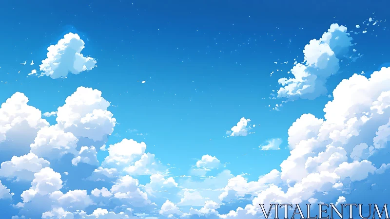 Sunlit cumulus clouds drift across deep blue summer sky