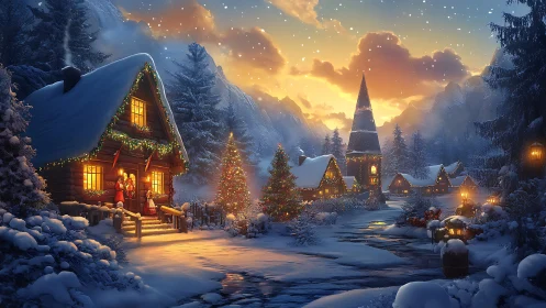 Snowy alpine village at sunset with illuminated Christmas cabins