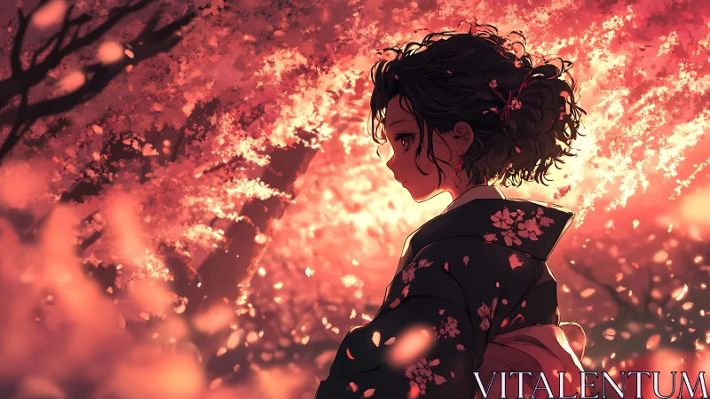 Cherry blossom dusk cradles a quiet girl in kimono reverie.